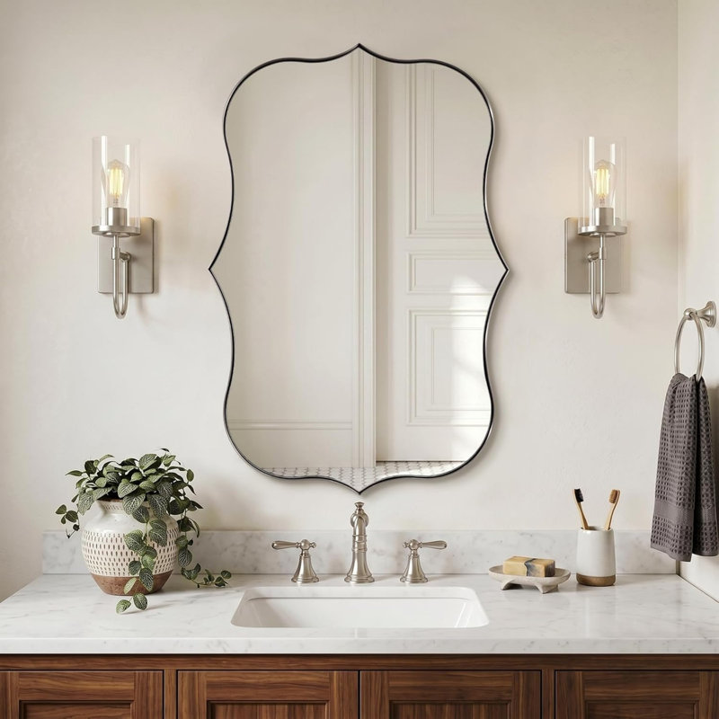 Miroir de salle de bain mural Modern Sculptural Cadre en acier inoxydable, Brushed Nickel