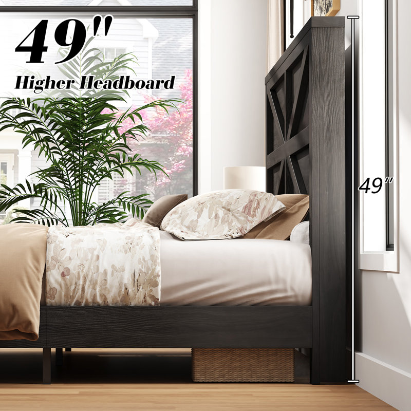 49" H Farmhouse Bed Frame With Sliding Barn Door Storage Cabinets