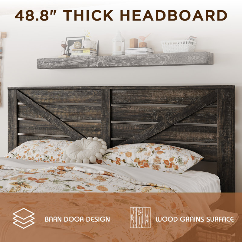  Revan Farmhouse Queen Platform Bed With Barn Door Design, Dark Oak, Queen, Dark Rustic Oak
