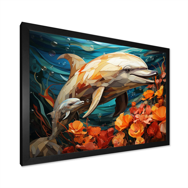 «Dolphin Marine Symphony Geometric - Dolphin», art mural, Cadre simple noir, H 12 po x l 20 po x P 1 po