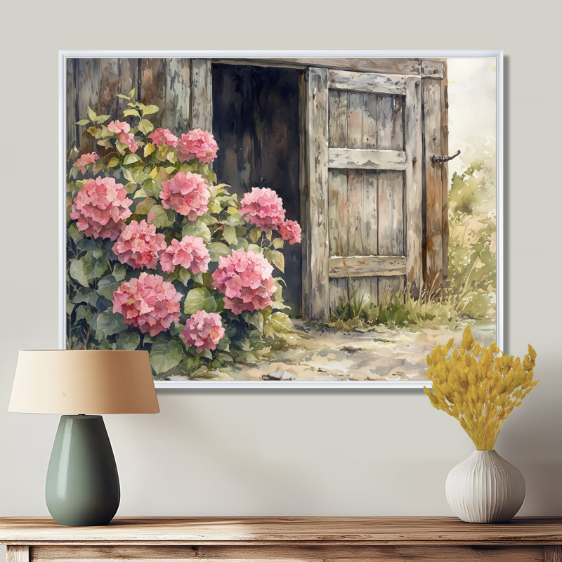 «Donnal Hydrangeas By The Farmhouse Gate I - Hydrangea», art mural, Impression encadrée flottante, H 24 po x l 32 po, Blanc