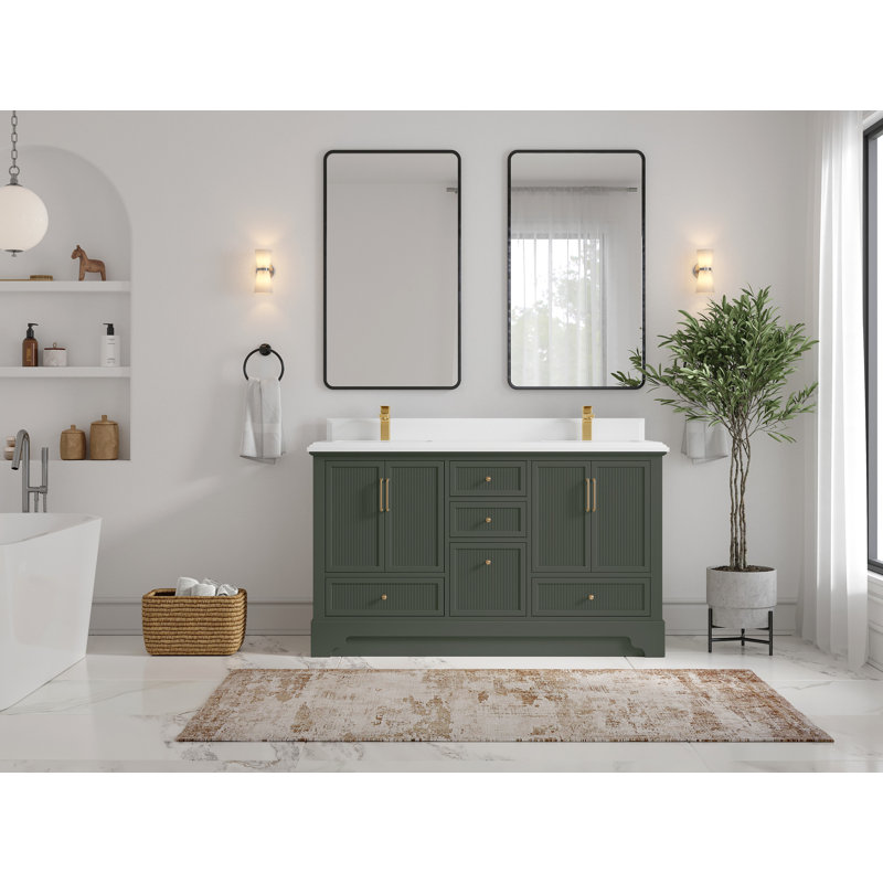 Meuble-lavabo double autoportant de 60 po avec plateau en quartz Alys (option poignées)