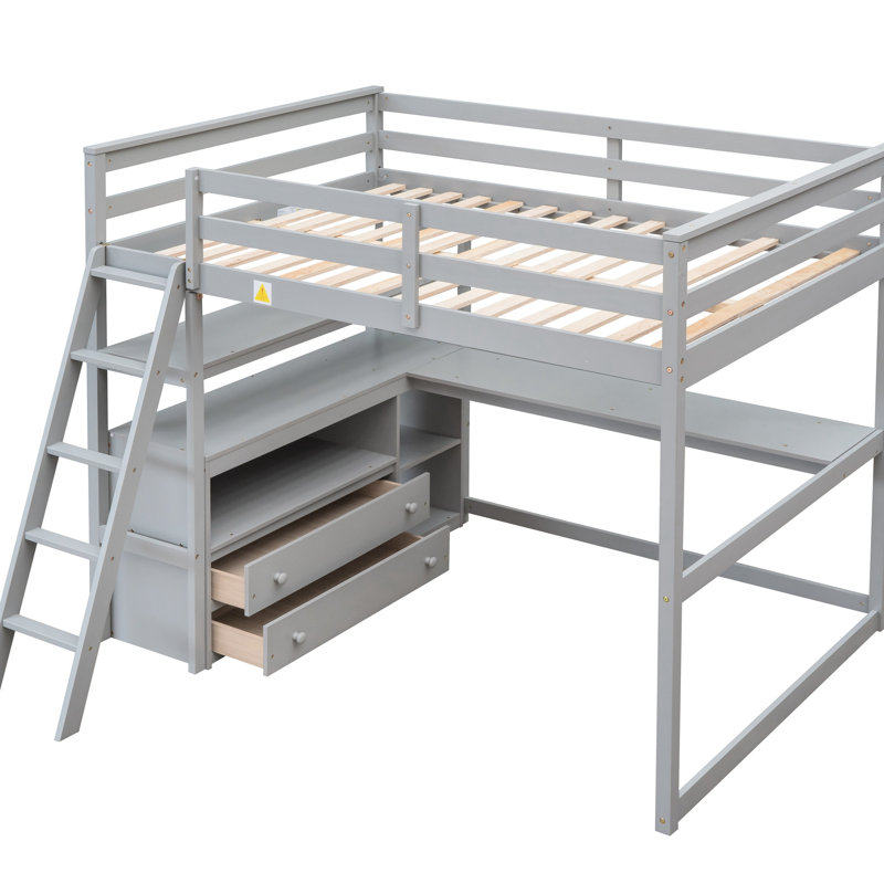 Lit mezzanine double gris avec système de bureau et d'étagère - Tablettes à deux tiroirs en bois de pin, splendeur pour une chambre luxueuse