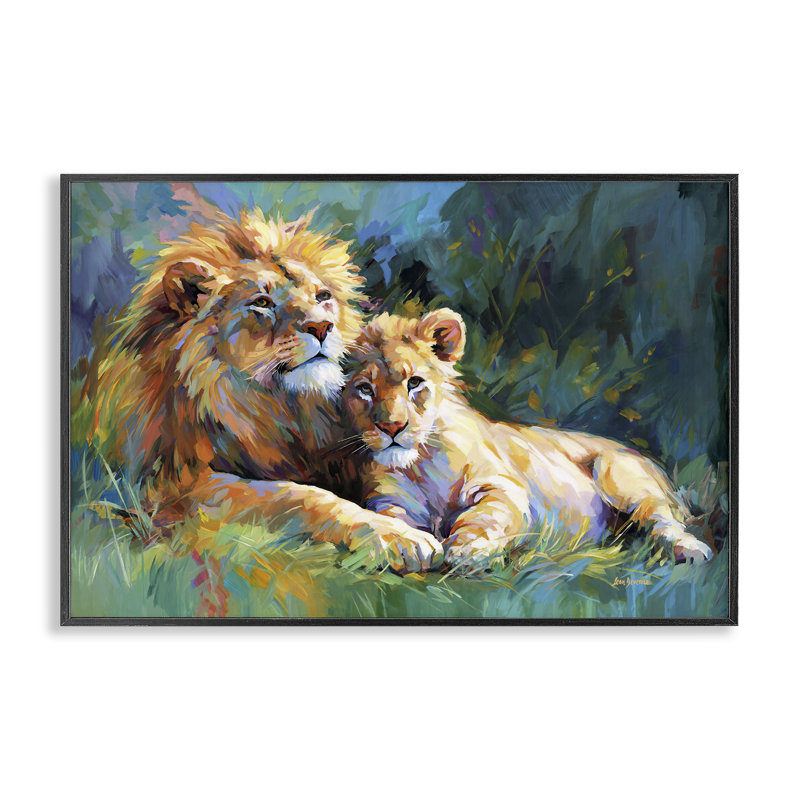 «Lion's Embrace», estampe numérique par Leon Devenice, H 12 po x l 18 po, Giclée encadrée noir minuit