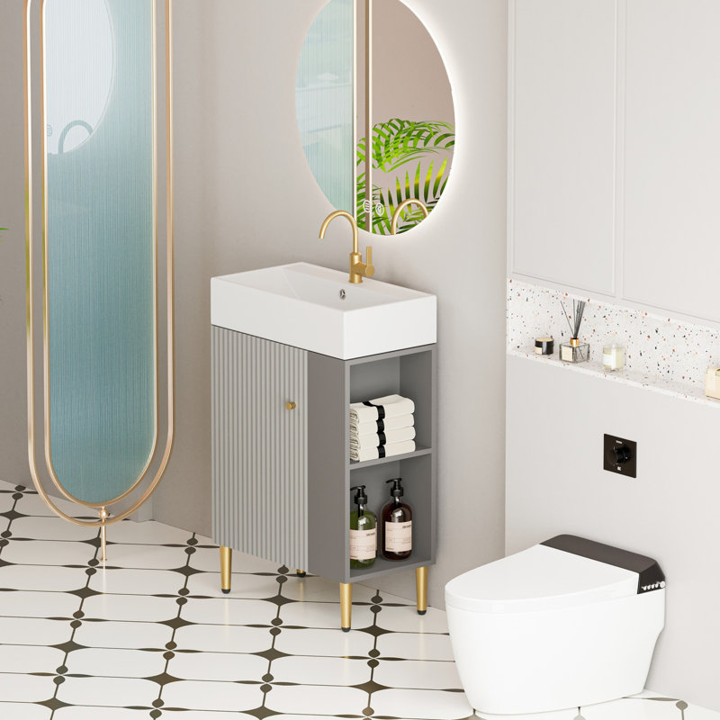 Meuble-lavabo à tablettes ouvertes 21,6 po avec lavabo en céramique, Gris mat