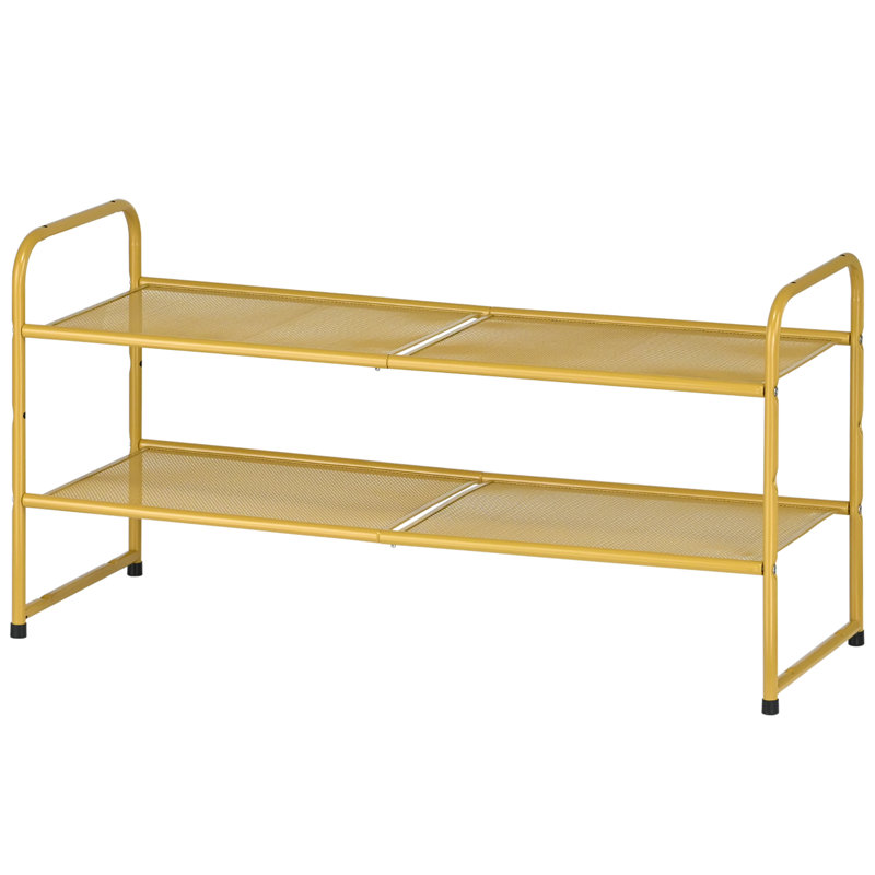 32'' Wide 2-Tier Metal Mesh Shoe Rack for Closet, Stackable and Adjustable, Good for High Heels, Gold