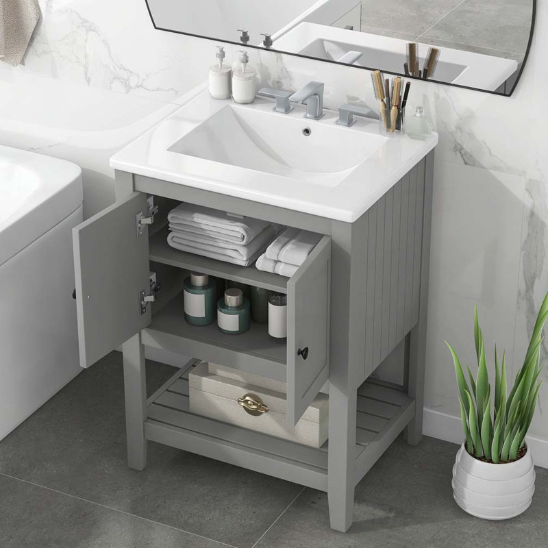 Meuble-lavabo 24 po avec lavabo en céramique et cadre ouvert en bois massif, Gris / Noir