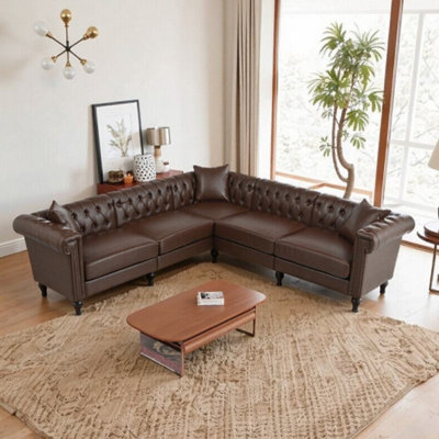 Modern L-Shaped Sectional Sofa With Rolled Arms, Tufted Design, 5-Seat Reclining Couch