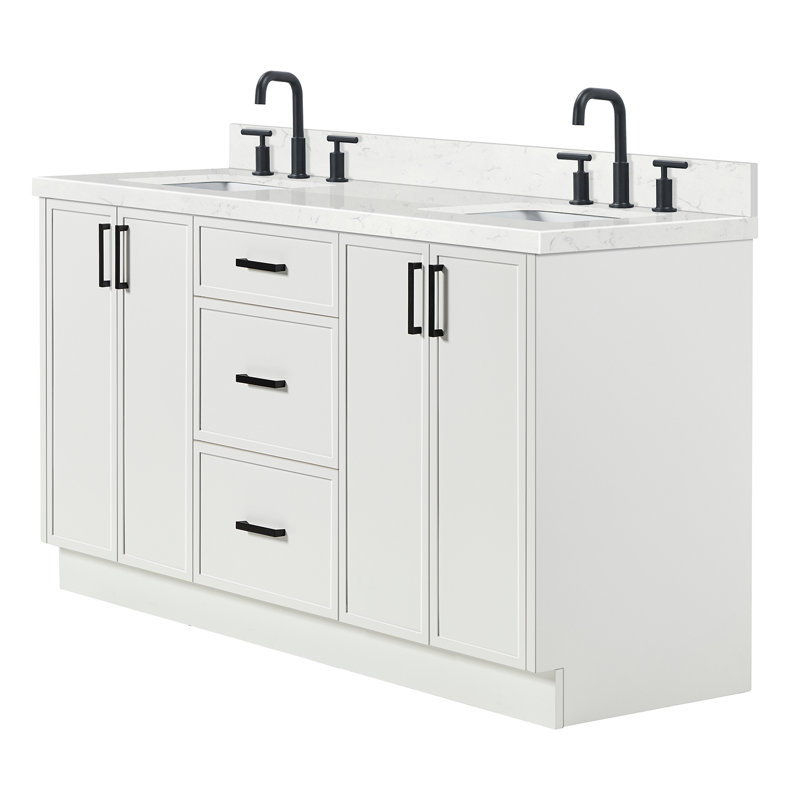 Ariel Kelly 66 Inch Double Rectangular Sink Bathroom Vanity With Carrara Quartz Countertop, White