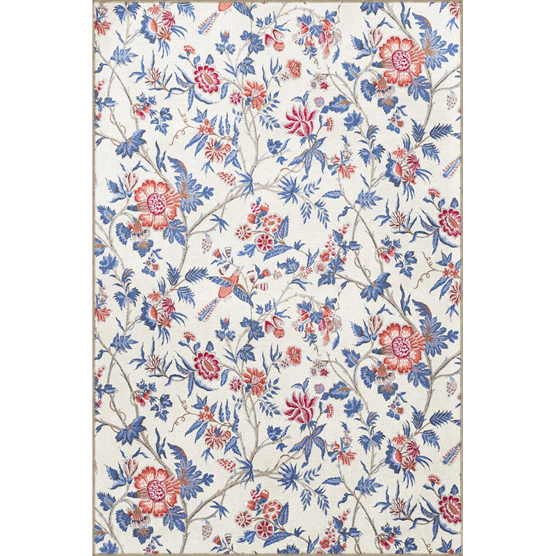 Blue Red Themed Ivy And Flower Patterned Modern Decorative Carpet, Round 4'