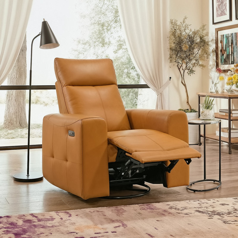Weddel 37.2" wide Genuine Leather Modern Power Recliner with Swivel and Glider, Tan Genuine Leather 