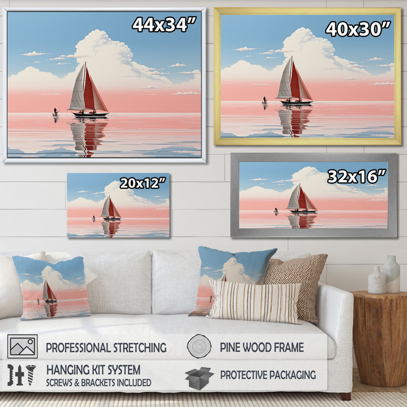 Voilier blanc naviguant au coucher du soleil rose I - impression, Toile tendue, H 30 po x l 40 po x P 1,5 po