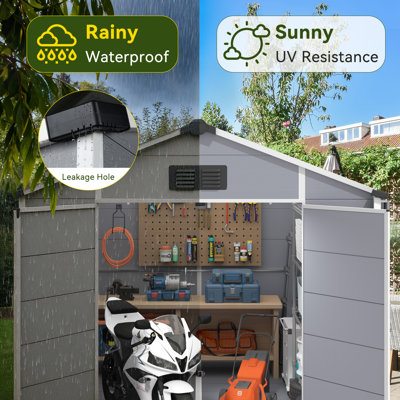  Remise de rangement extérieure 8 x 12 pi, remise à outils de jardin en résine avec portes doubles verrouillables, plancher intégré et toit incliné résistant aux intempéries pour le rangement dans la cour arrière, l'approvisionnement en piscine