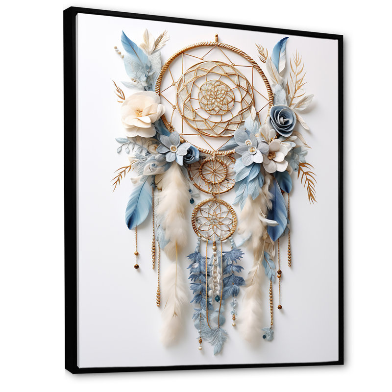Attrape-rêves blanc et bleu Tranquility sur toile, H 40 po x l 30 po x P 1,5 po, Cadre flottant noir