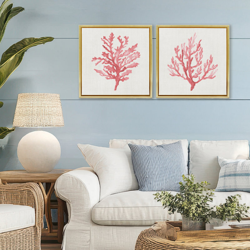 Ensemble de cadres flottants 2 pièces Rosy Pink Coral Branches, design par Janet Tava, Cadre flottant métallique doré