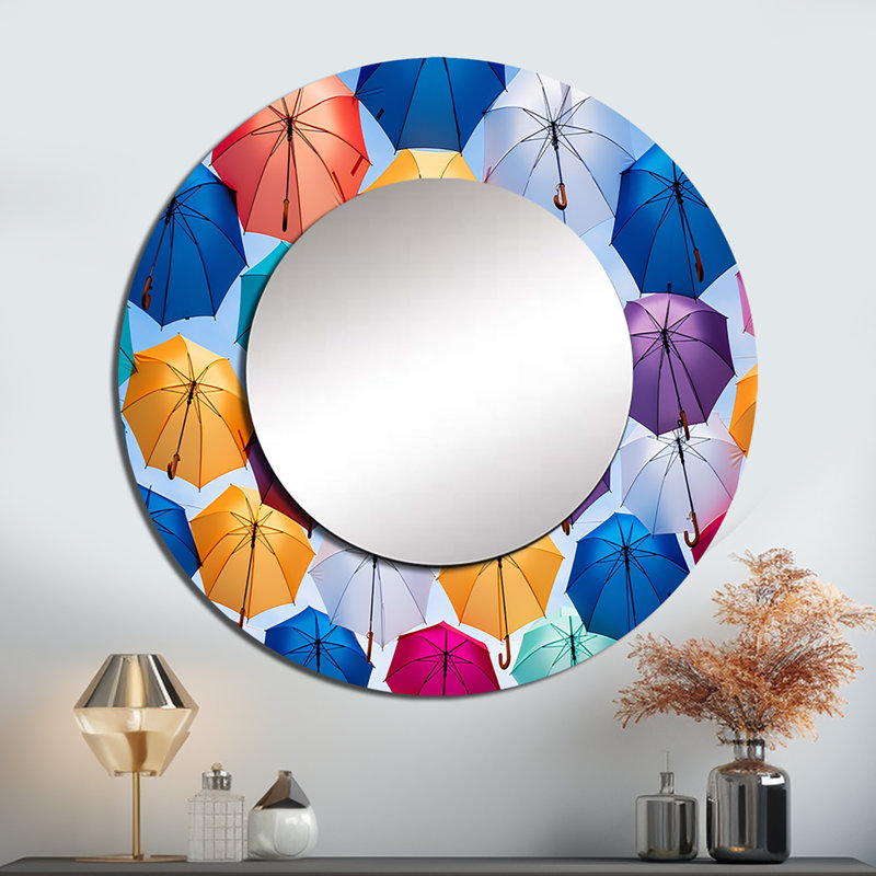 Ciel plein de parapluies colorés I - miroir mural Sky, miroir décoratif rond traditionnel, impression d'art en métal