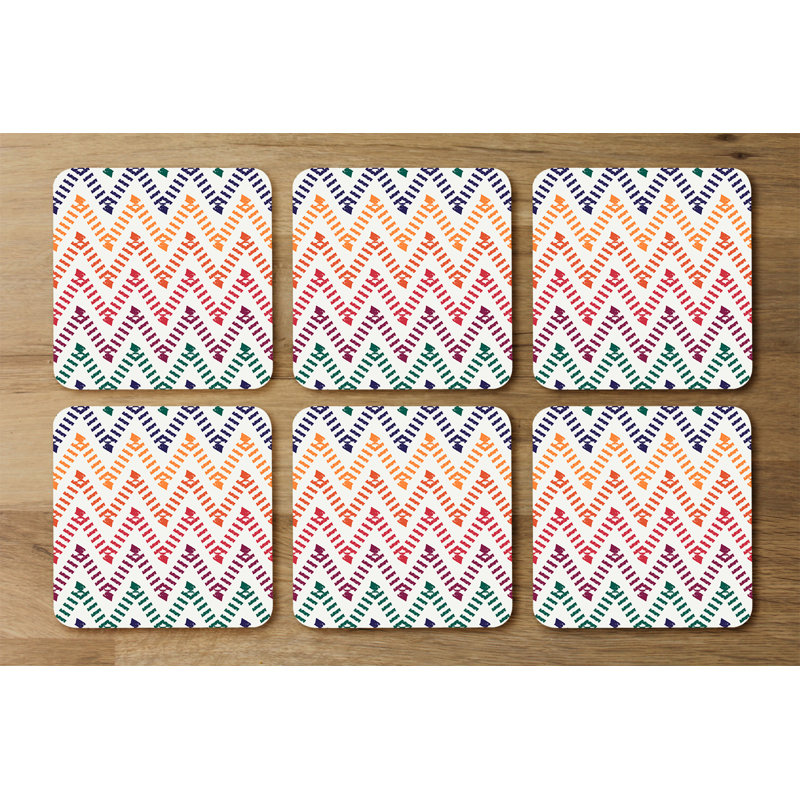 Square 6 Piece Coaster Set, White/Pink/Yellow