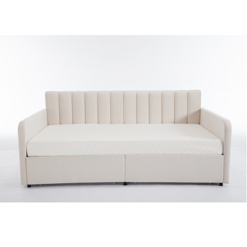 Keyten Upholstered Daybed with Storage Drawers, Ivory Velvet