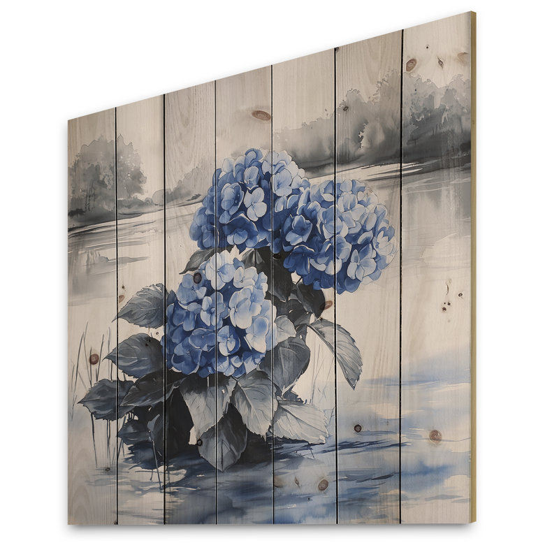 Hortensias au bord de la rivière en monochrome I - décoration murale en bois d'hortensias - sur bois de pin naturel