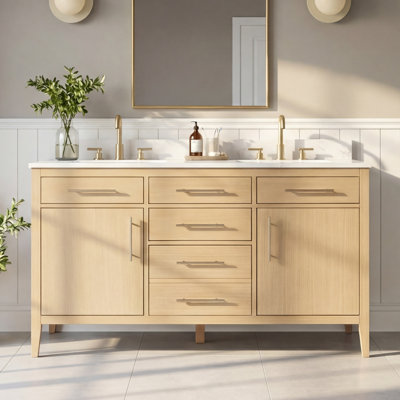 Ensemble de vanité double Felix 55 po entièrement assemblé avec comptoir et dosseret en granit blanc.