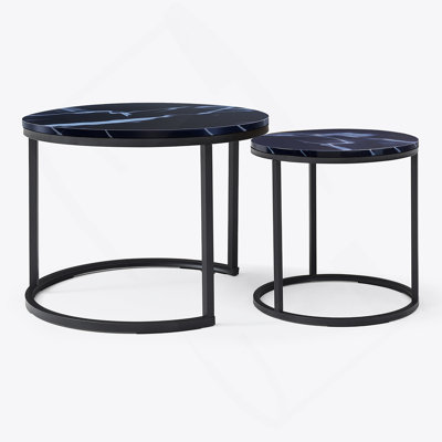 Set 2 Coffee Table Nesting Black Top  Black Frame Circular Round And Marble Pattern Wooden Tables, Living Room Bedroom Apartment Modern Industrial Simple Nightstand