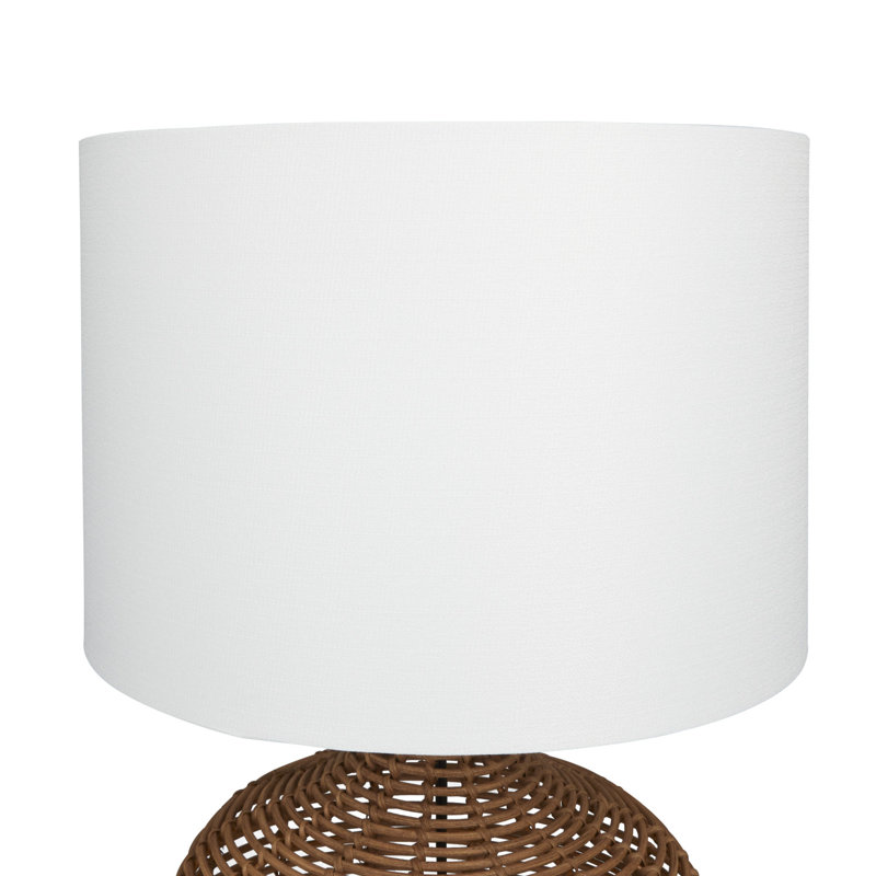 Rattan Handmade Woven Table Lamp with Drum Shade, Textured, White