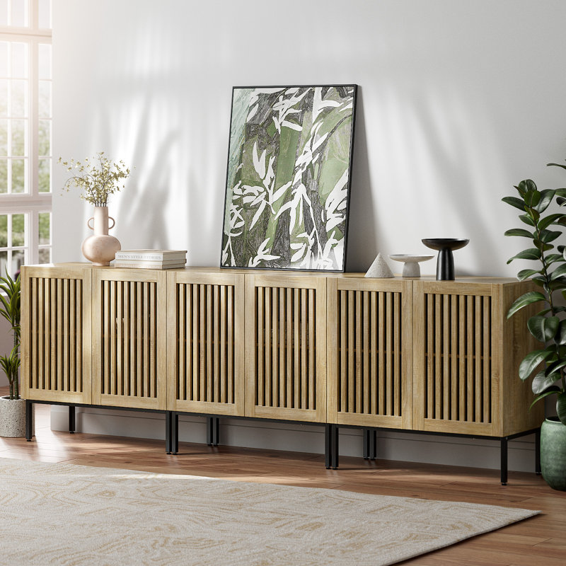 Modern Buffet 90 Inch, 3 In 1 Entertainment Center Tv Console With Storage Cabinets And Metal Base, Oak