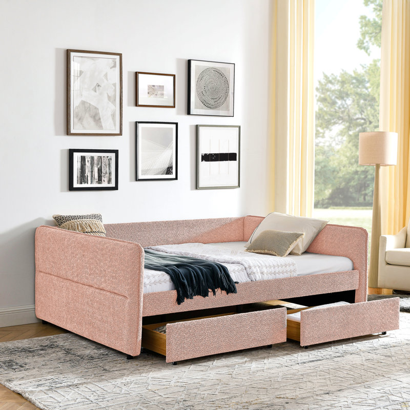 Grand lit de jour avec canapé-lit capitonné à deux tiroirs, tissu Boucle, Pink