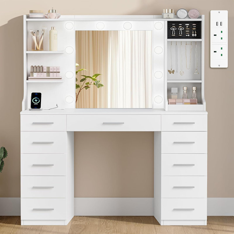 Dressing Table with Lights, Vanity Desk with Mirror and Power Outlet, Adjustable LED Lighting, 11 Drawers, 5 Shelves and 2 Open Compartments, Makeup Desk for Bedroom, White