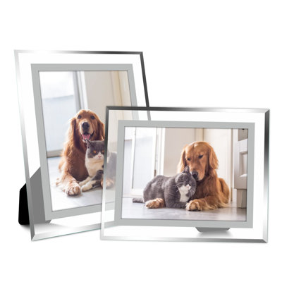 Ensemble de 2 cadres photo 5 x 7, cadres photo en verre transparent avec bord argenté, affichage horizontal ou vertical pour table, bureau, maison, décoration de bureau
