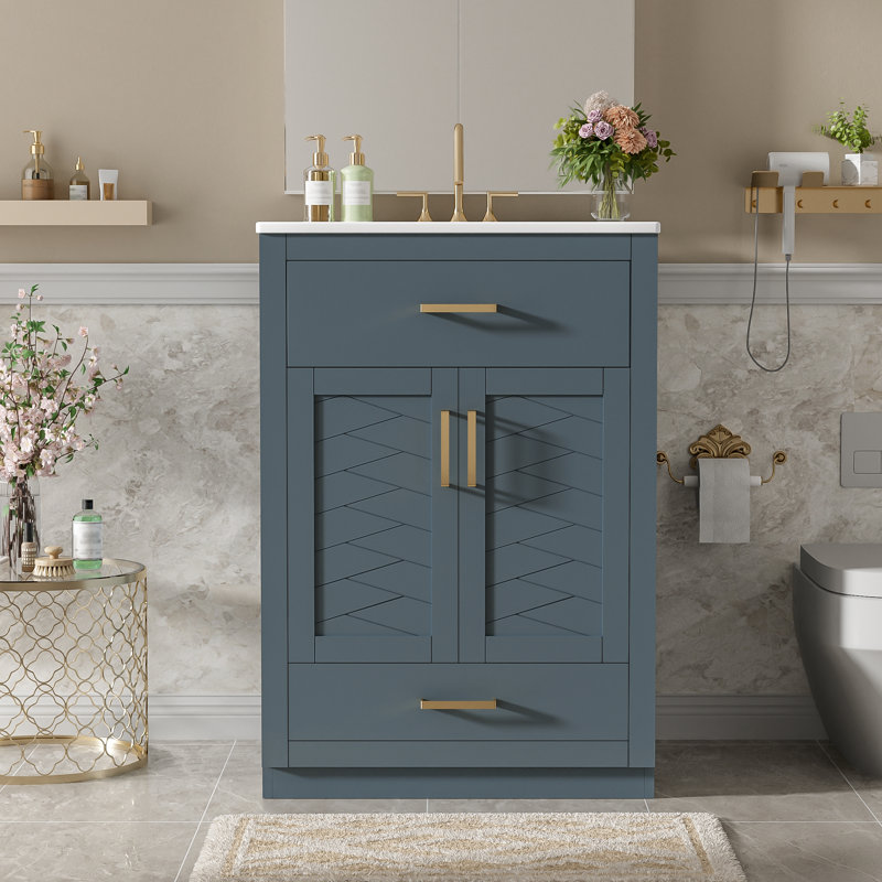 Meuble-lavabo bleu 24 po avec lavabo en céramique intégré | Rangement peu encombrant, 2 portes et tiroir basculant | Idée cadeau