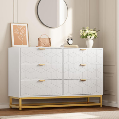 6-Drawer Wide Wooden Dresser with Metal Legs