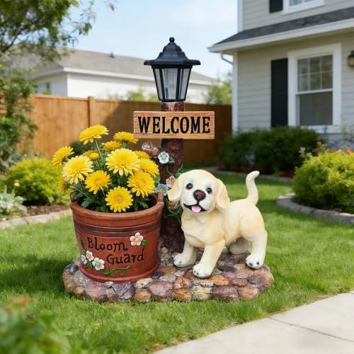 Statue de lanterne solaire pour chien assis en résine, décoration extérieure de jardin à DEL pour pelouse de patio