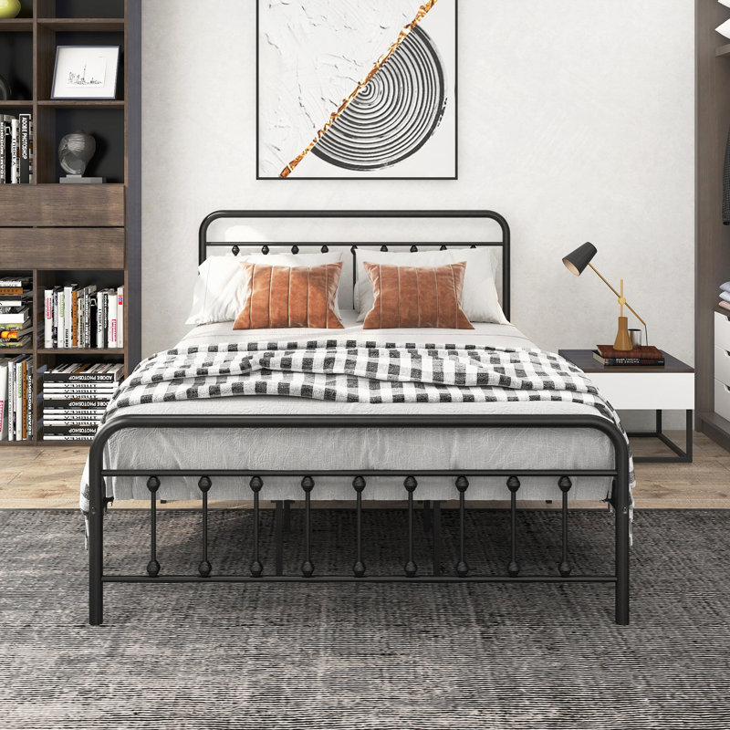 Metal Bed Frame Queen Size Platform No Box Spring Needed With Vintage Headboard And Footboard  Premium Steel Slat Support/Black, Bed