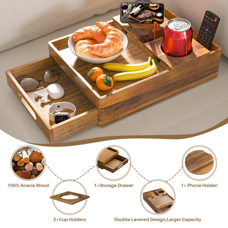 Porte-gobelet pour canapé, plateau pour chariot 7-en-1, table d'appoint avec tiroir à tirer pour organiser et ranger de petits objets, support pour téléphone pivotant à 360 ° (bois d'acacia)