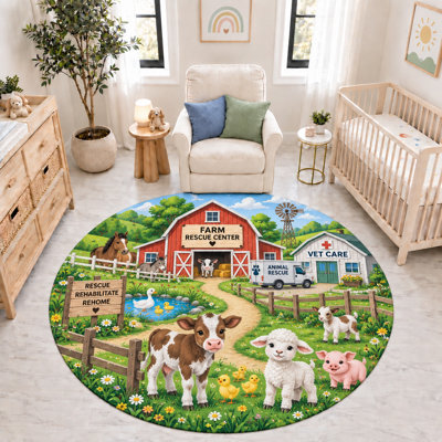"Ultra Thin" 6' x 6' Farm Animal Rescue Barn Vet Care Round Area Rug, Soft Low Pile Indoor Rug and Non-Slip Silicone Backing Carpet for Nursery, Kids Room and Playroom