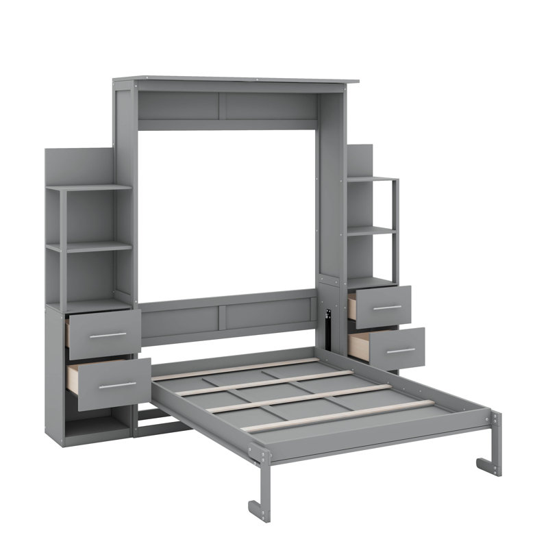 Lit escamotable double avec tablettes, tiroirs et DEL, Gris