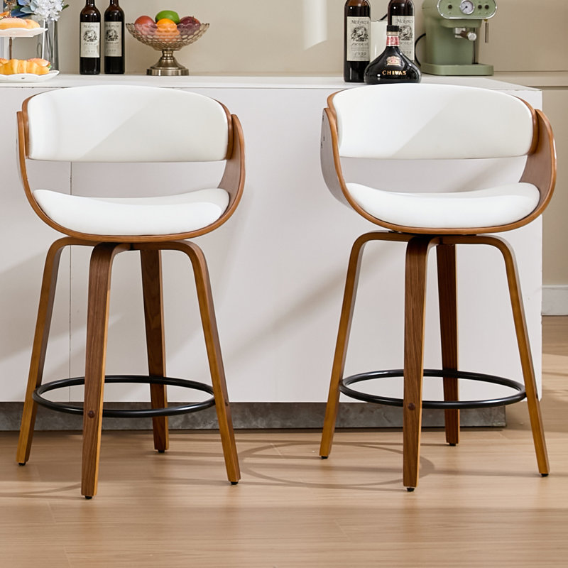 Modern Faux Leather Swivel 30'' Bar Stools, Wood Stools with Arms and Footrest, White, Bar Stool (30" Seat Height)