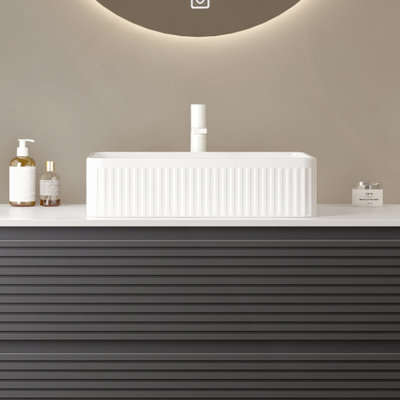 20'' Bathroom Sink, Rectangular Striped Vessel Ceramic Basin Without Faucet, NO Cabinet, White