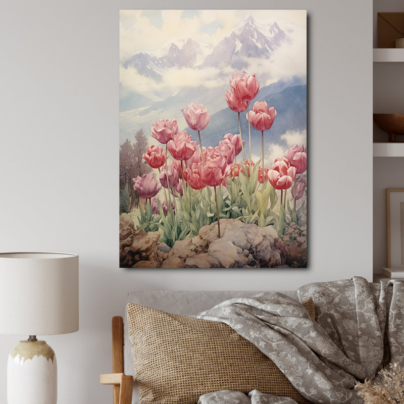 «Retro Blooming Retro Tulips Mountain Flowerfield» sur toile, H 32 po x l 24 po x P 1 po, Toile tendue