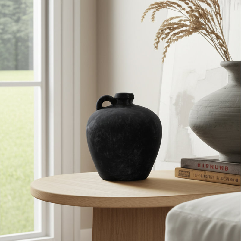 Terracotta Pottery Vase with Handle Modern Decorative Sculptural Accent Jar Styled Design