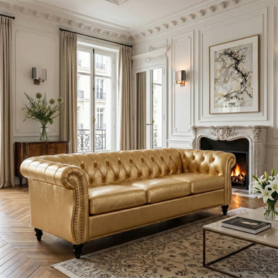 Rolled Arm Chesterfield 3-Seater Sofa with Waterproof PU Leather