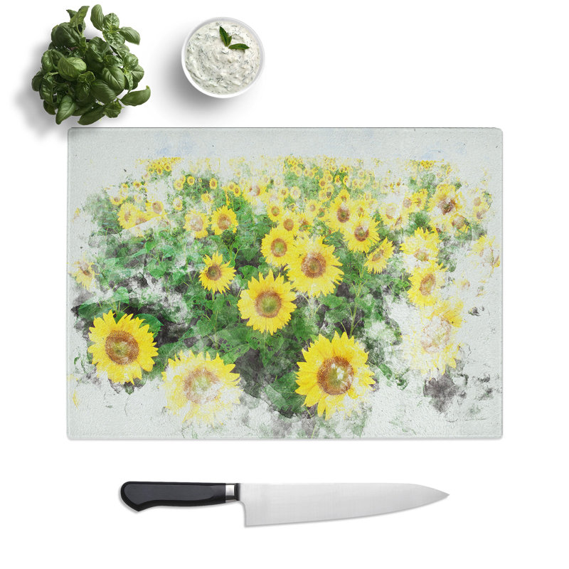 Tempered Glass Sunflower Meadow Watercolour Chopping Board, 20 cm x 28.5 cm
