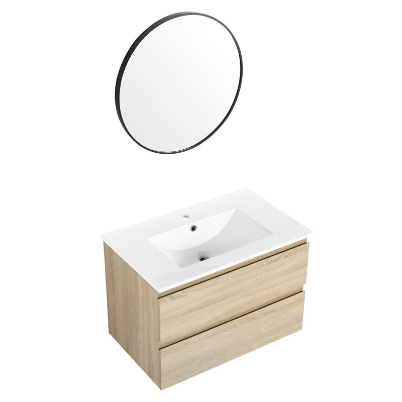Meuble-lavabo mural 30 po avec lavabo en céramique et 2 tiroirs à fermeture en douceur - style chêne