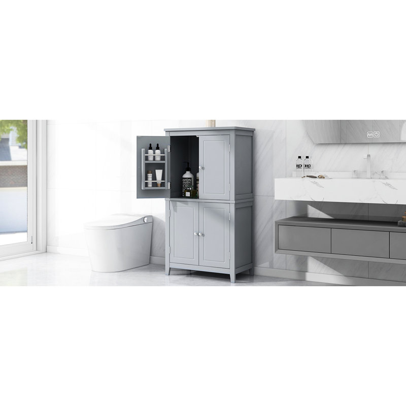 Grey Bathroom Floor Cabinet With 4 Doors, Adjustable Shelves, And Easy To Assemble Metal Hinges, Stylish, Gray