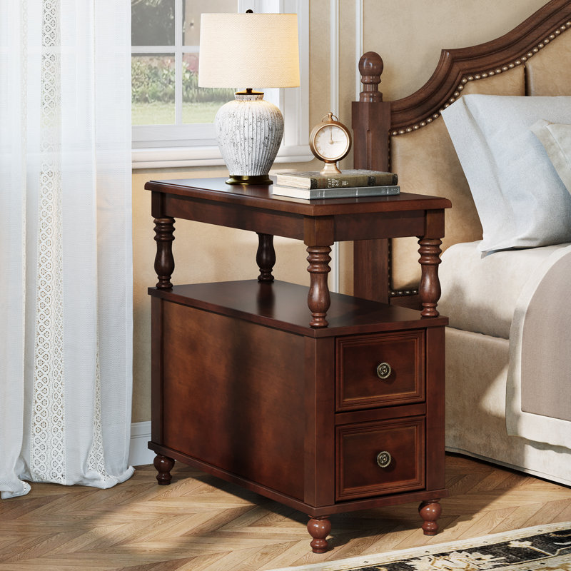 Table de chevet 2 tiroirs en bois massif pour chambre, Noyer, Individuel