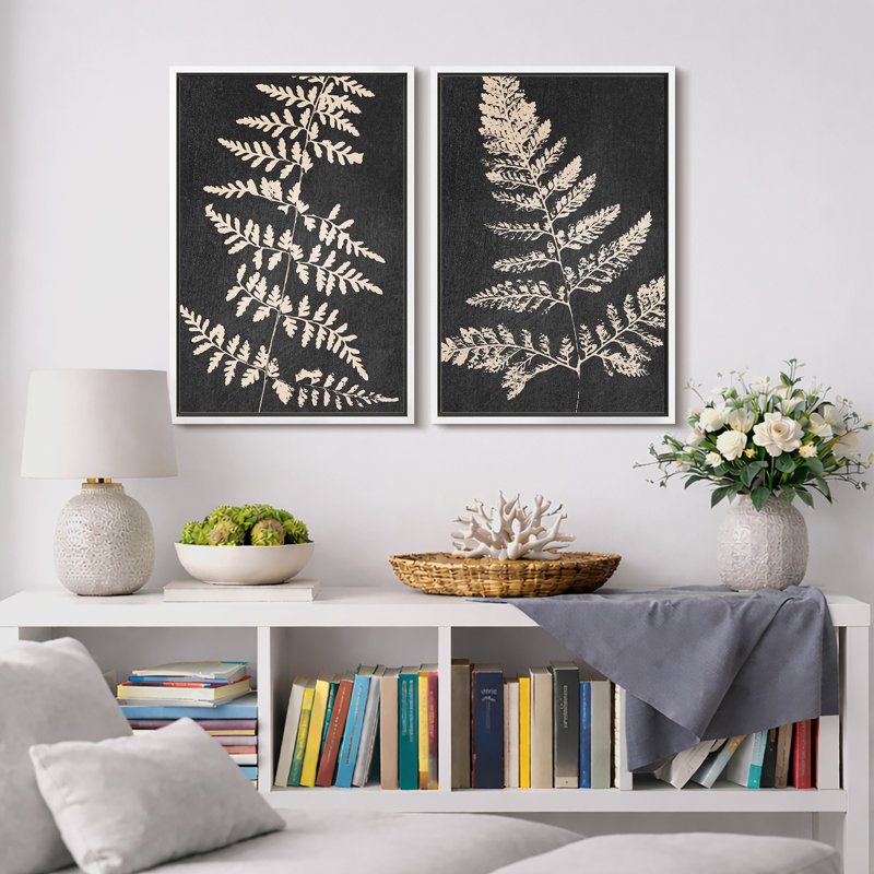 Minimal Botanical "Œuvre de fougère à feuilles gris foncé et brun clair, images murales rustiques modernes minimalistes neutres, ensemble de 2 impressions murales sur toile,"