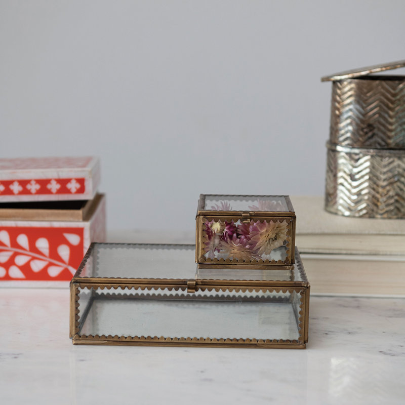 Long Brass and Glass Display Box with Scalloped Edges and Antique Finish