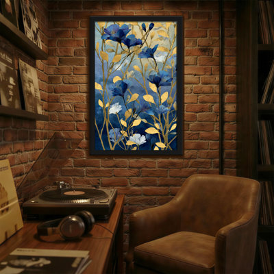 Plantes et fleurs, fleurs bleues, feuilles dorées, art abstrait