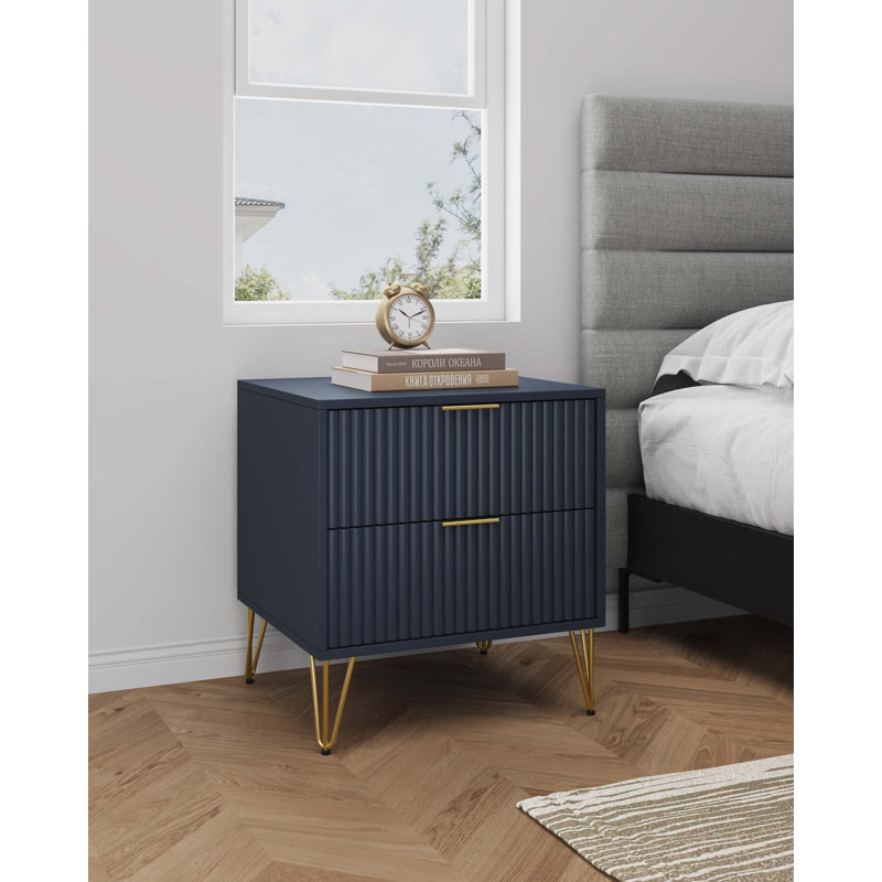 Dumbo 20" W Modern 2-Drawer Fluted Nightstand in Midnight Blue, Midnight Blue